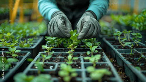 Grüner Daumen: Gärtner pflanzt vorsichtig Setzlinge im Gewächshaus photo