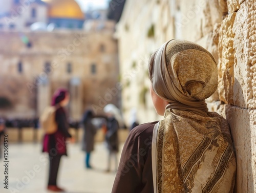 A woman gazing towards the Western Wall with Dome of the Rock in the background represents a moment of cultural reflection.