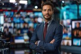 Confident male news anchor in studio with screens displaying multiple channels, embodying professionalism and credibility, Concept of media, information, and current events.