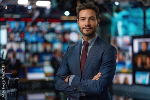 Confident male news anchor in studio with screens displaying multiple channels, embodying professionalism and credibility, Concept of media, information, and current events. photo