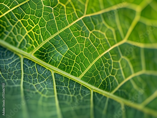 Macro view of a vibrant green leaf, showcasing the intricate pattern of veins.