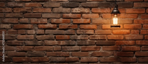 Captivating brick wall background enhanced by a vintage lamp providing a rustic and cozy ambiance for artistic projects