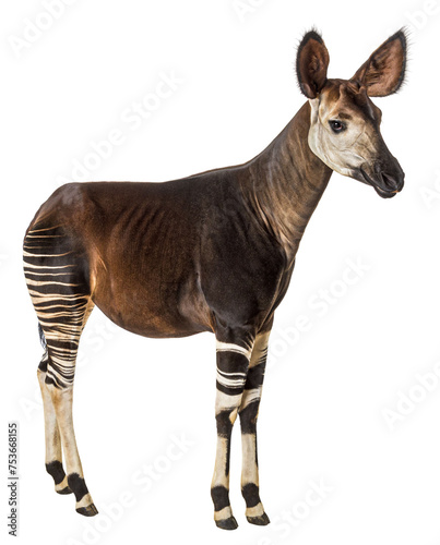 Okapi, Okapia johnstoni, isolated on white photo