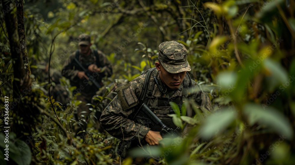 Soldiers doing hard army practice in a thick wood, their green clothes matching well with the nature as they move through many plants and rough land.