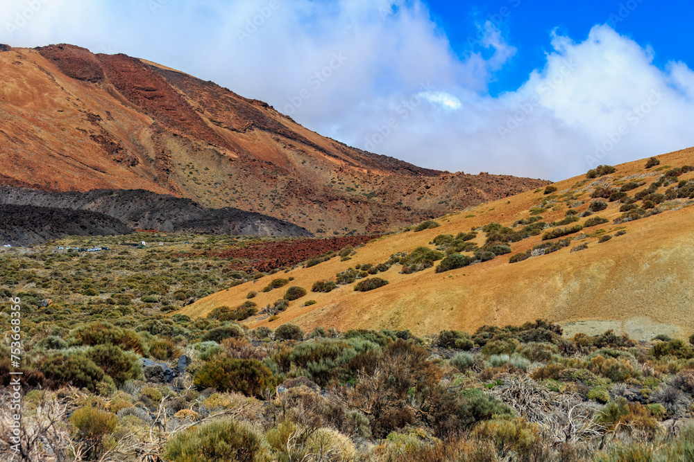 View to desert landscape with lava rocks in Teide National park UNESCO World heritage site, Canary  islands, Spain