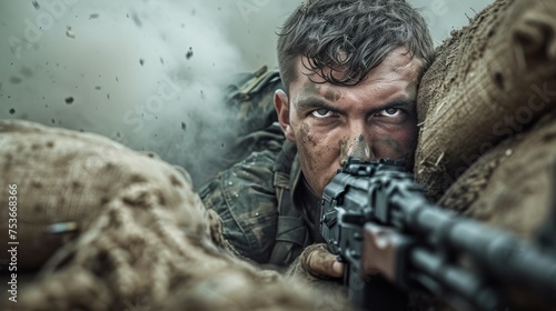 Behind sandbags, a soldier’s eyes cut through the smoke on the battlefield, he grips his rifle, he is prepared for action.