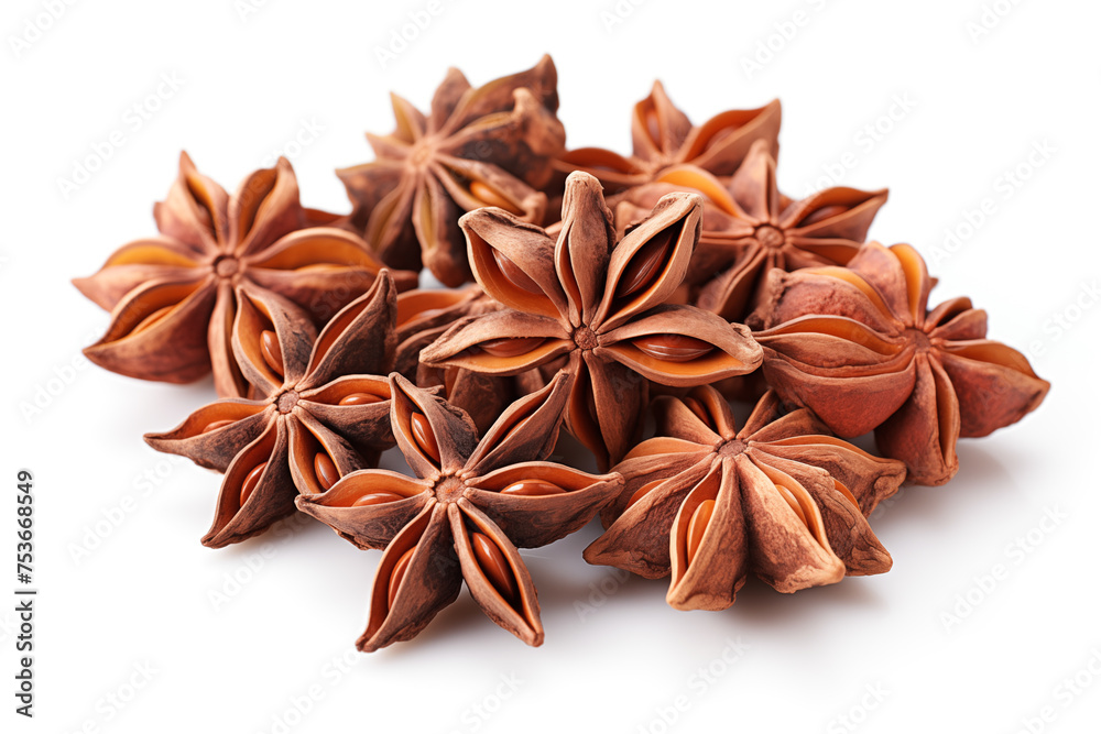 Star anise spice fruits and seeds isolated on white background Star anise spice fruits and seeds isolated on white background