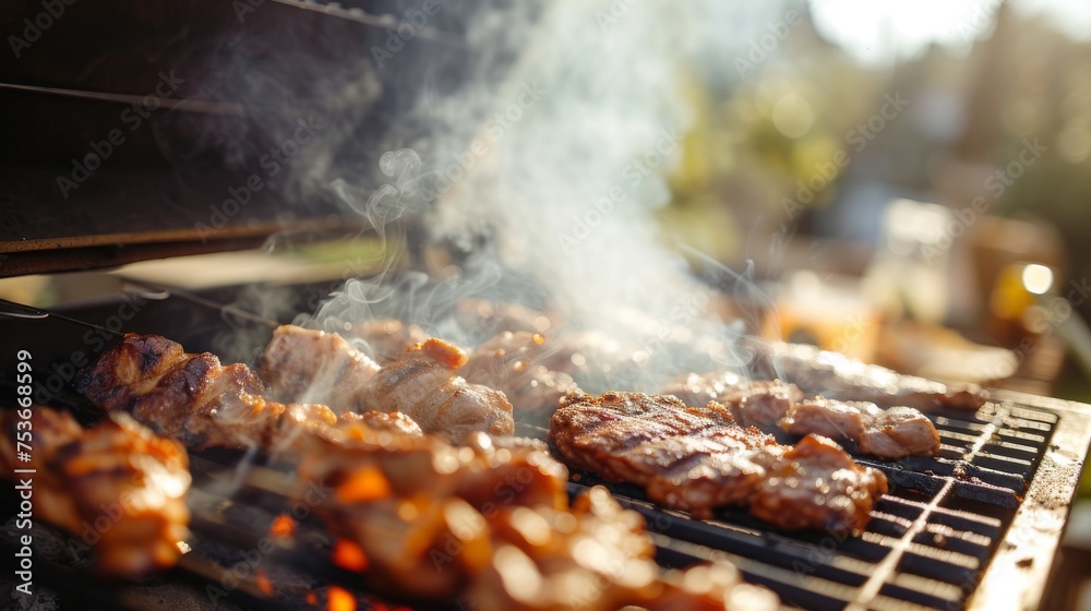 A burning barbecue grill with kin and kith, with smoke puffs rising in a sunny summer sky. A burning barbecue grill with kin and kith, with smoke puffs rising in a sunny summer sky.