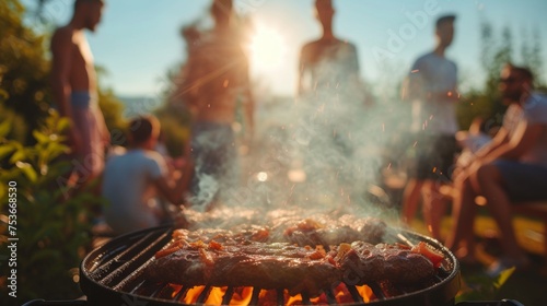 A hot barbecue grill with loved ones, with smoke clouds floating in a bright summer sky. photo