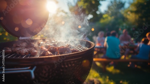 A fiery barbecue grill among friends and family, with smoke trails soaring in a clear summer sky. photo