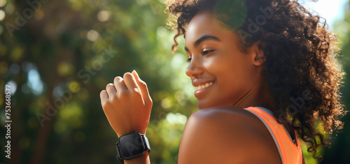 Closeup portrait of the beautiful young African American woman with curly hair jogging or walking outdoors on a sunny summer day, wearing a black fitness smartwatch device around the wrist, health photo