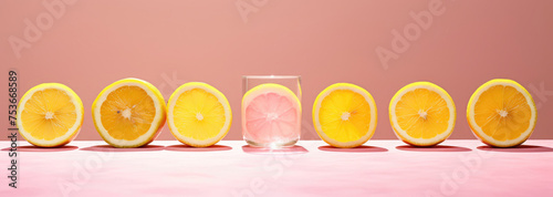 A symmetrical arrangement of orange slices with a single grapefruit slice in a glass, against a pink backdrop.