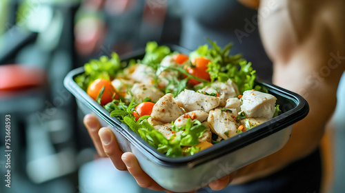 Man holding a plastic black container box with healthy fitness meal including white meat, fresh green salad and vegetables. Tasty lunch with high protein foods, for muscle building, gym interior photo