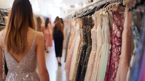 Women looking for stylish dresses and gowns in a chic boutique, with plush fabrics and elaborate adornments.
