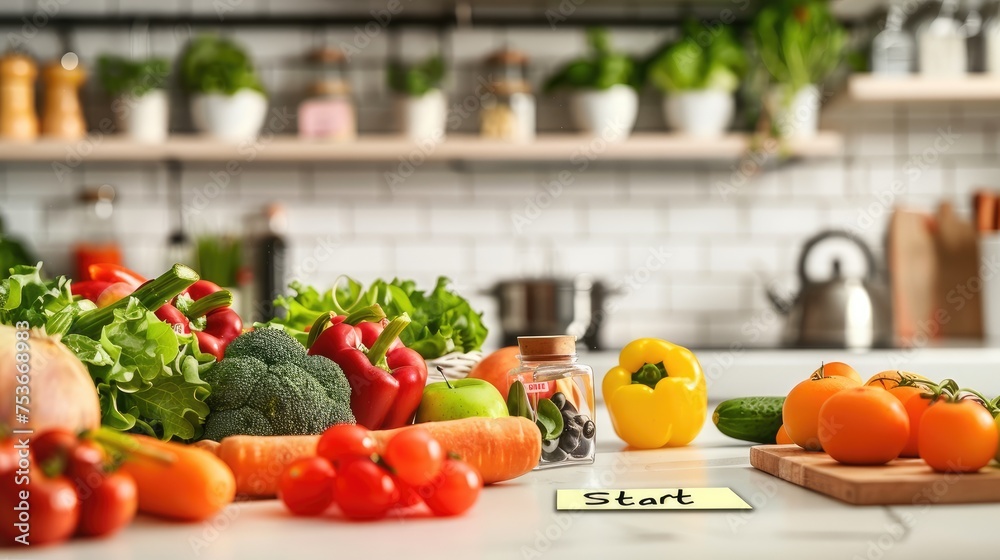 fresh vegetables and fruits neatly arranged on a white table in a modern kitchen, with a Start Diet message on a sticky note. fresh vegetables and fruits neatly arranged on a white table in a modern kitchen, with a Start Diet message on a sticky note.