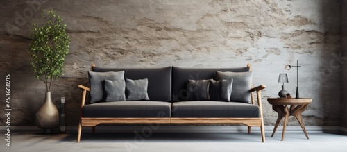 Wooden sofa with dark pillows in Scandinavian styled living room