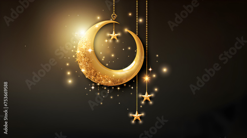 Eid Mubarak .3D Rendering Illustration of golden moon 