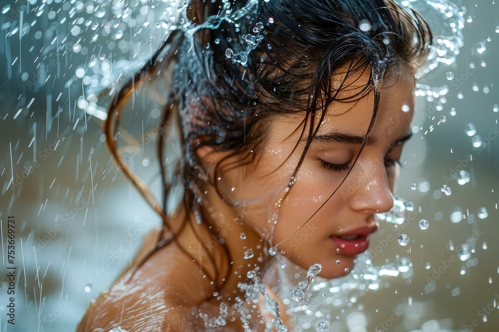 Serene Woman Enjoying a Refreshing Outdoor Shower with Water Droplets Glistening on Her Skin