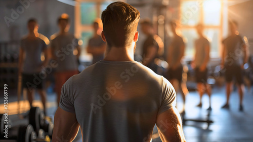 Rearview of the handsome and fit young man, male fitness instructor or coach standing in the modern gym interior in front of the group of young people who came for a group workout or training indoors