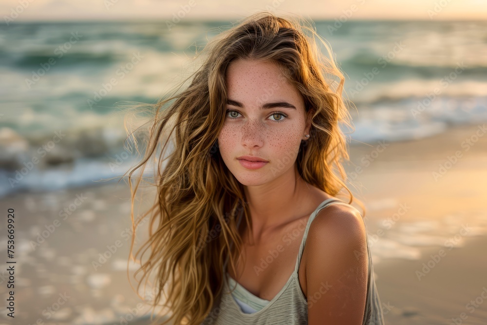 Portrait of a Young Woman with Freckles Enjoying Sunset on the Beach, with Wind in Her Hair Portrait of a Young Woman with Freckles Enjoying Sunset on the Beach, with Wind in Her Hair