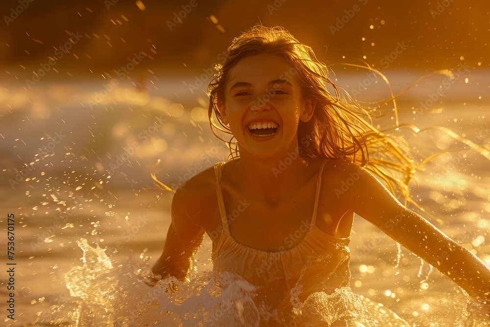 Obraz premium Radiant Young Girl Laughing and Playing in Ocean Water at Sunset with Golden Sunlight and Splashing Waves