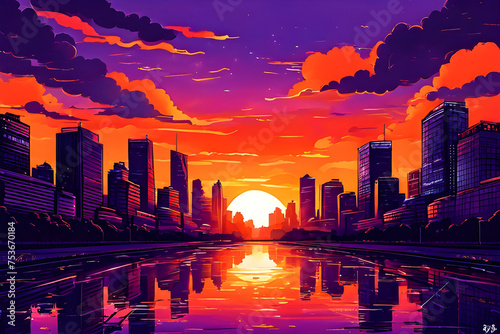 Cityscape Canvas: Evening Palette of Warmth and Purple. Generative Ai