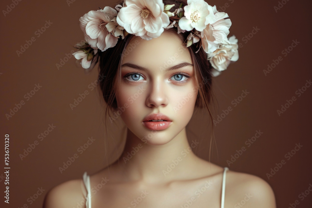 Woman with flower headpiece is standing in front of brown background