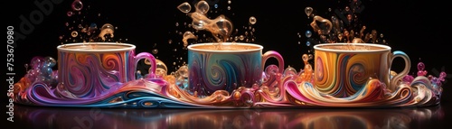 Abstract array of 3D coffee cups adorned with dusty colorful patterns