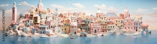 Enchanting 3D isometric rendition of Italys coastal towns in dreamy pastel colors photo