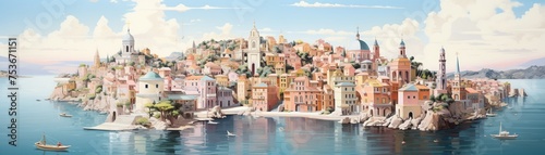 Enchanting 3D isometric rendition of Italys coastal towns in dreamy pastel colors photo