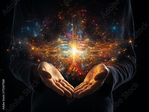 Dreamlike render of a cosmic hand surrounded by a halo of energy deftly weaving through the universes wiring diagram