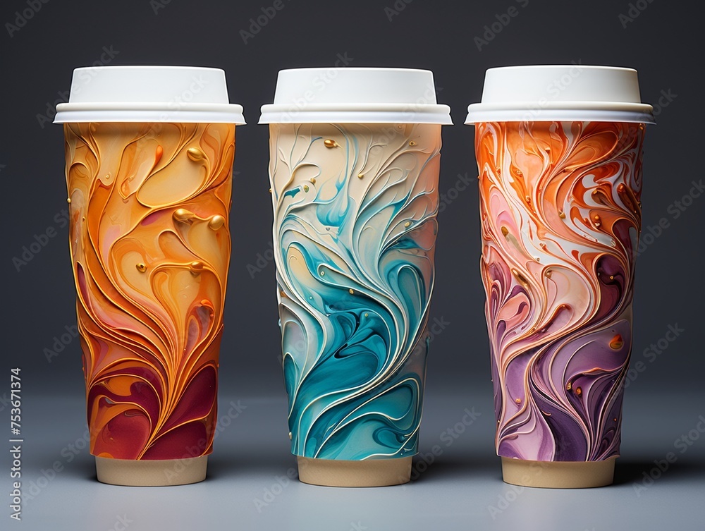 Visionary display of 3D coffee cups each painted with abstract