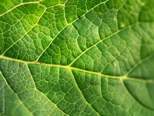A detailed macro shot capturing the intricate texture and pattern of a green leaf.
