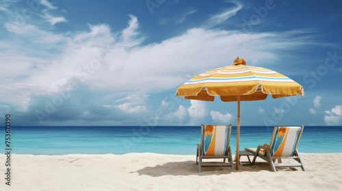 Beach chairs and umbrella on the tropical beach with blue sky background © Voilla