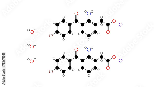 bromfenac sodium sesquihydrate molecule, structural chemical formula, ball-and-stick model, isolated image non-steroidal anti-inflammatory drug photo