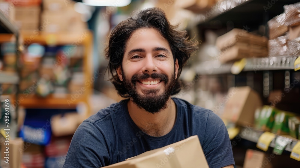 Hispanic man with beard working at small business ecommerce holding packages smiling with a happy and cool smile on face. showing teeth.