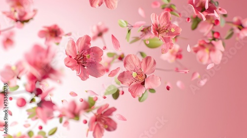 Fresh quince blossom  beautiful pink flowers falling in the air isolated on pink background. Zero gravity or levitation  spring flowers conception