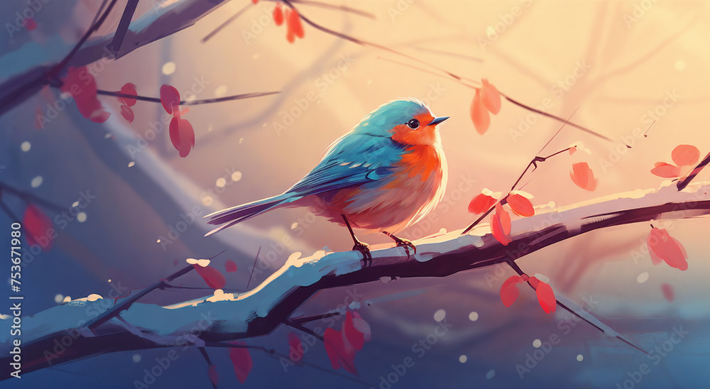 a bird sitting on a branch with leaves on it's branches and a sky background with snow falling, generative ai