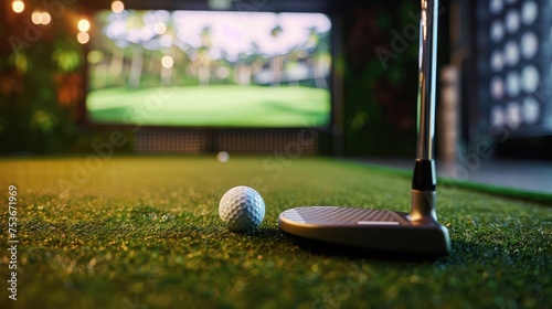 Sreen golf. Putter and golf ball on the background of the screen.