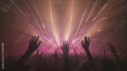 Stage lights and crowd of audience with hands raised at a music festival.