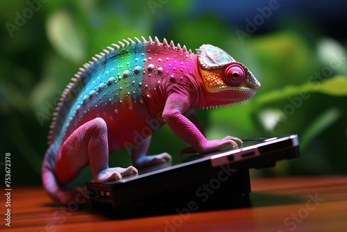 A chameleon reviewing color-changing tech gadgets --ar 3 2