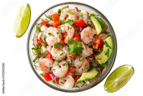 Mexican ceviche with diced fish or shrimp marinated in lime juice, mixed with tomatoes, onions, cilantro, and avocado.
