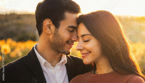 Um casal de namorados sorrindo, com rostos juntos, em contraluz, iluminados pela luz do pôr-do-sol.
