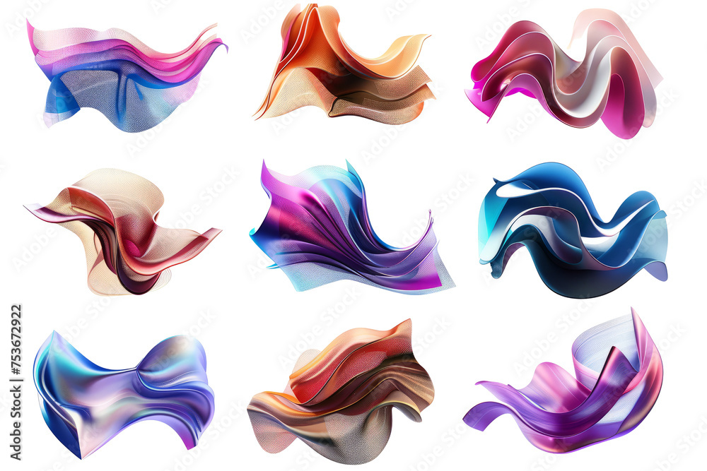 set of digital stickers of abstract futuristic waves, isolated on white background. set of digital stickers of abstract futuristic waves, isolated on white background.