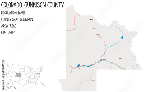 Large and detailed map of Gunnison County in Colorado, USA.