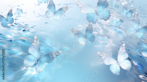 Beautiful butterflies fly on the surface of blue transparent glowing water.