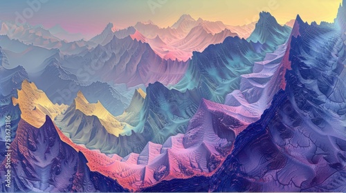 an abstract mountainous landscape, a visionary fusion conceived by various artists, depicting surreal undulating peaks and valleys. SEAMLESS PATTERN photo