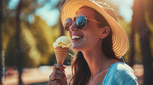 Woman is holding ice cream cone and smiling