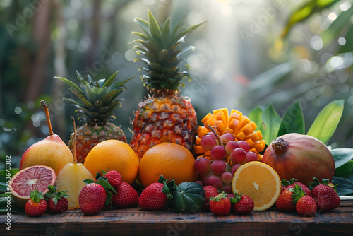 a collection of tropical fruits on a wooden table