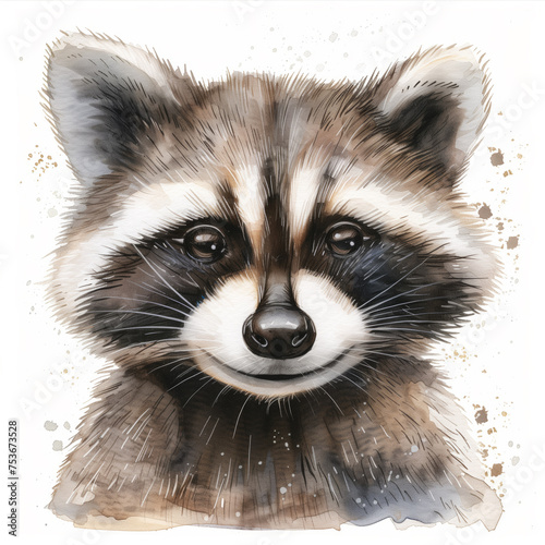 Adorable watercolor raccoon illustration on white background, watercolor, white background 